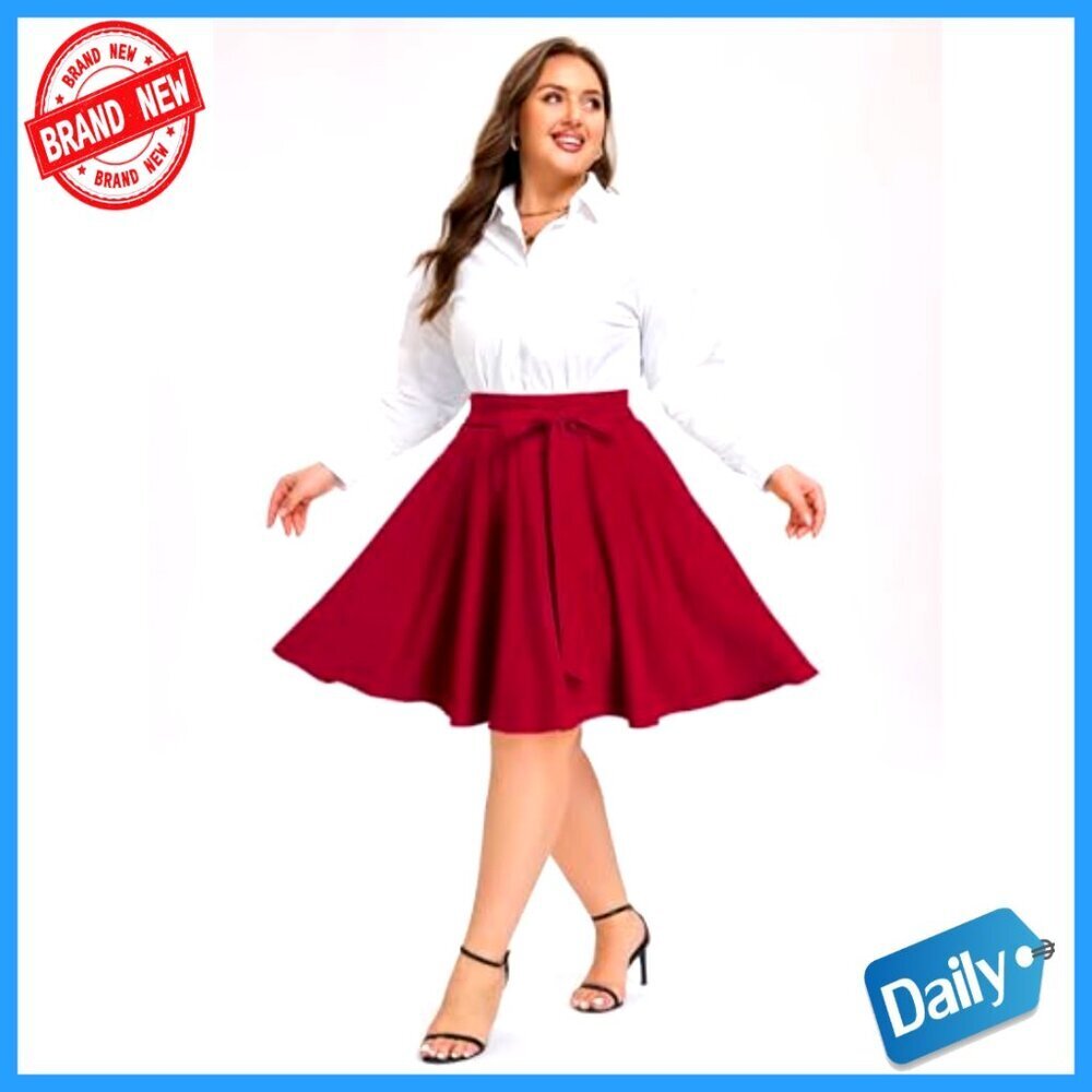 Plus Size Midi Skater Skirt High Waist A-Line Stretchy Flared with Pockets - Picture 6 of 7